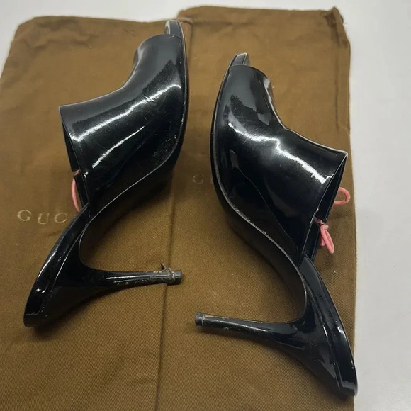 Gucci Heels Open Toe Mules Black Patent Leather Lace Up Pink Y2K Vintage 6.5 - Picture 7 of 12